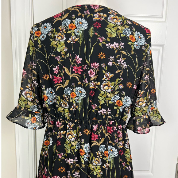 Jonathan Martin Black Floral V Neck Ruffle High/Low Maxi Dress Whimsy Fairy L - Picture 5 of 10